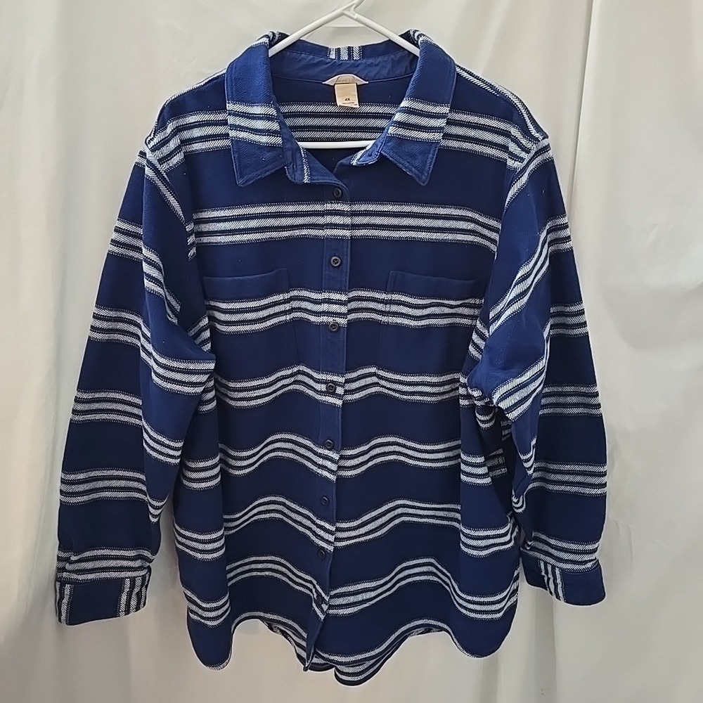 Duluth Trading Co Women's Shacket Blue‎ White Stripe Flannel Cotton Plus Size 4X